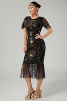 Load image into Gallery viewer, Sparkly Black Golden Beaded Sequins Bodycon Flapper Dress with Fringes