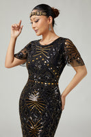 Load image into Gallery viewer, Sparkly Black Golden Beaded Sequins Bodycon Flapper Dress with Fringes