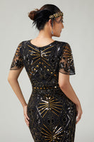 Load image into Gallery viewer, Sparkly Black Golden Beaded Sequins Bodycon Flapper Dress with Fringes