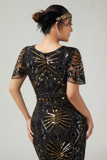 Sparkly Black Golden Beaded Sequins Bodycon Flapper Dress with Fringes