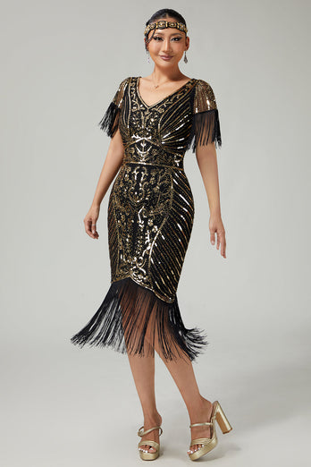 Sparkly Black Golden V-Neck Fringed Flapper Dress with Sequins
