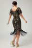 Load image into Gallery viewer, Sparkly Black Golden V-Neck Fringed Flapper Dress with Sequins