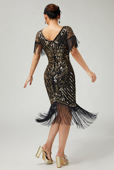 Sparkly Black Golden V-Neck Fringed Flapper Dress with Sequins