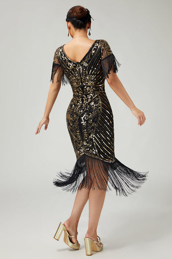 Sparkly Black Golden V-Neck Fringed Flapper Dress with Sequins