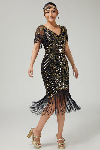 Sparkly Black Golden V-Neck Fringed Flapper Dress with Sequins