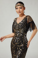 Load image into Gallery viewer, Sparkly Black Golden V-Neck Fringed Flapper Dress with Sequins