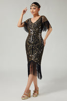 Load image into Gallery viewer, Sparkly Black Golden V-Neck Fringed Flapper Dress with Sequins