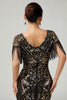 Load image into Gallery viewer, Sparkly Black Golden V-Neck Fringed Flapper Dress with Sequins