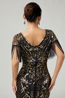 Load image into Gallery viewer, Sparkly Black Golden V-Neck Fringed Flapper Dress with Sequins