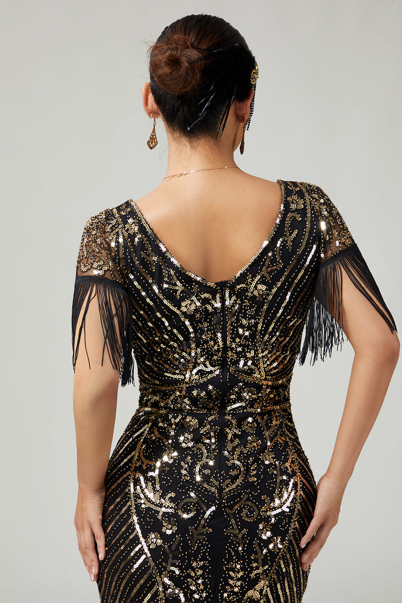 Load image into Gallery viewer, Sparkly Black Golden V-Neck Fringed Flapper Dress with Sequins