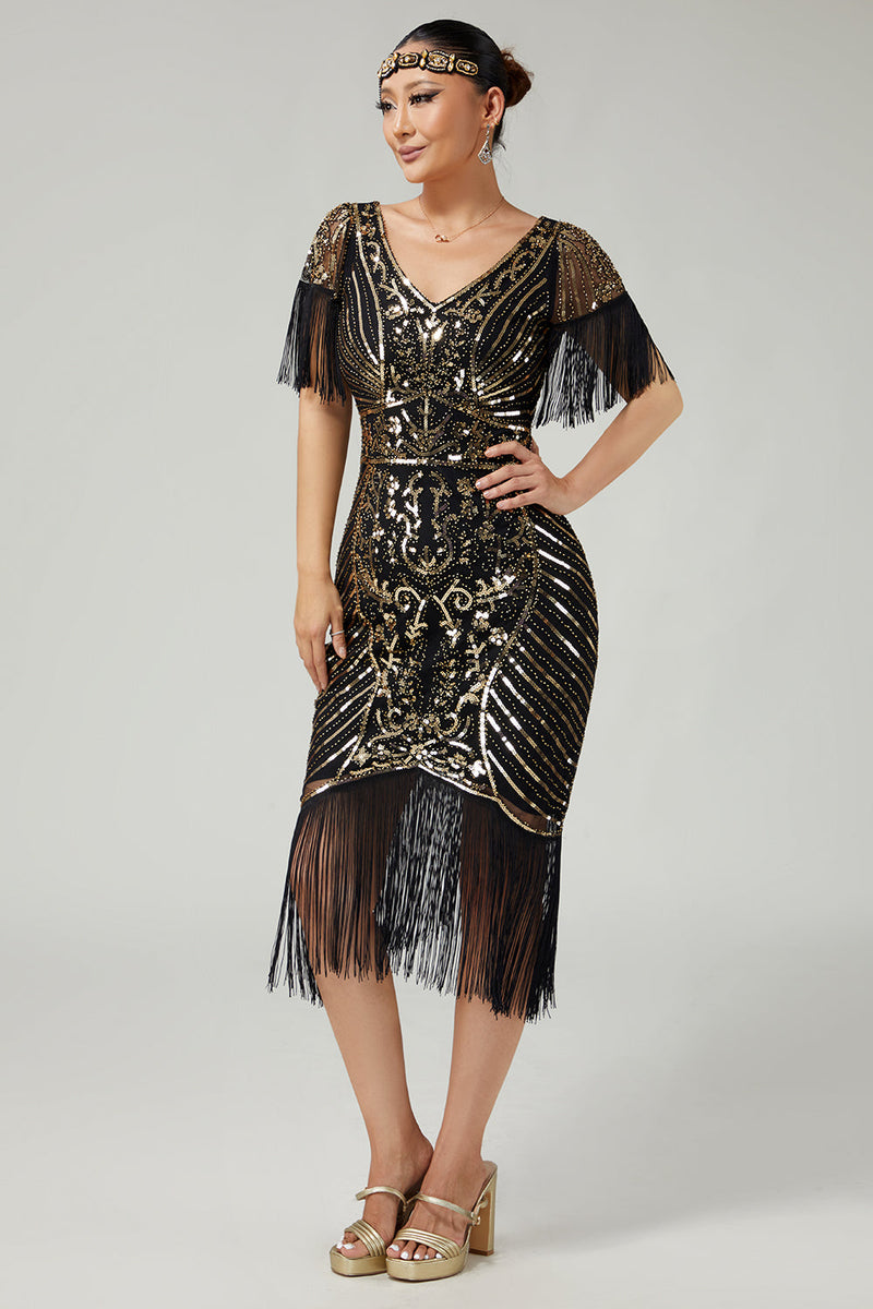 Load image into Gallery viewer, Sparkly Black Golden V-Neck Fringed Flapper Dress with Sequins