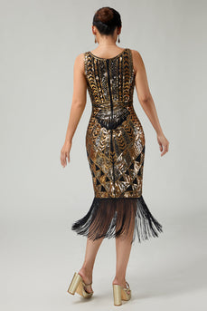 Sparkly Black Golden Sequins V-Neck 1920s Flapper Dress with Fringes