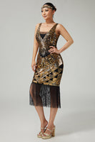 Load image into Gallery viewer, Sparkly Black Golden Sequins V-Neck 1920s Flapper Dress with Fringes