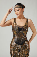 Load image into Gallery viewer, Sparkly Black Golden Sequins V-Neck 1920s Flapper Dress with Fringes