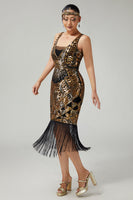 Load image into Gallery viewer, Sparkly Black Golden Sequins V-Neck 1920s Flapper Dress with Fringes