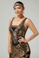 Load image into Gallery viewer, Sparkly Black Golden Sequins V-Neck 1920s Flapper Dress with Fringes