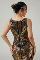 Load image into Gallery viewer, Sparkly Black Golden Sequins V-Neck 1920s Flapper Dress with Fringes