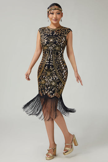 Floral Sparkly Black Golden Sequins Bodycon 1920s Flapper Dress with Fringes