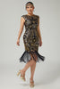 Load image into Gallery viewer, Floral Sparkly Black Golden Sequins Bodycon 1920s Flapper Dress with Fringes