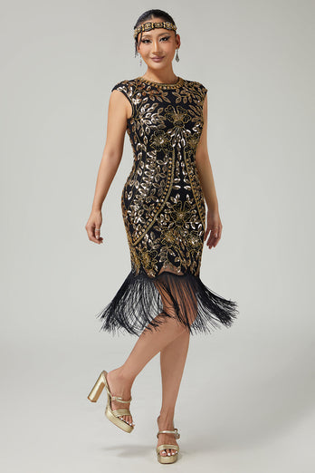 Floral Sparkly Black Golden Sequins Bodycon 1920s Flapper Dress with Fringes