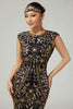 Load image into Gallery viewer, Floral Sparkly Black Golden Sequins Bodycon 1920s Flapper Dress with Fringes