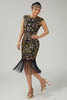 Load image into Gallery viewer, Floral Sparkly Black Golden Sequins Bodycon 1920s Flapper Dress with Fringes