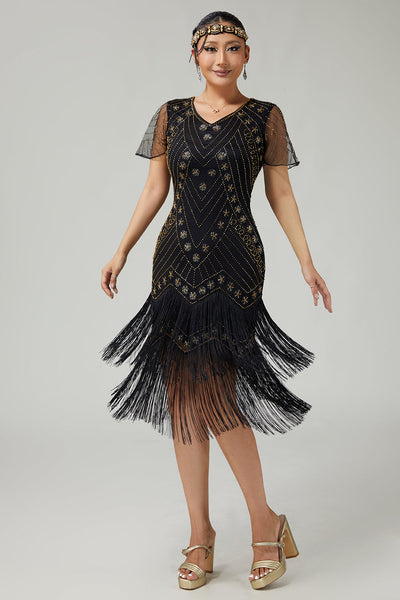 Sparkly Black Golden Bodycon Fringed 1920s Flapper Dress with Beading