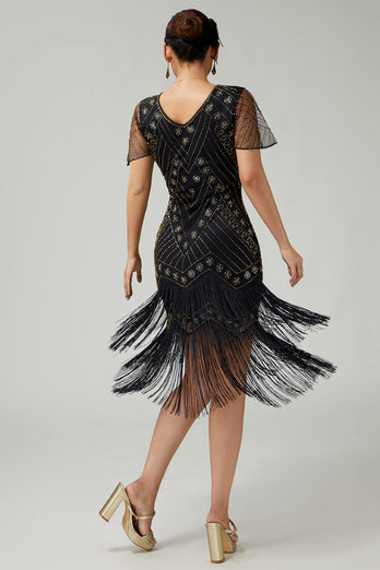 Sparkly Black Golden Bodycon Fringed 1920s Flapper Dress with Beading