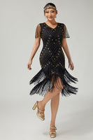 Load image into Gallery viewer, Sparkly Black Golden Bodycon Fringed 1920s Flapper Dress with Beading
