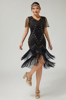 Sparkly Black Golden Bodycon Fringed 1920s Flapper Dress with Beading