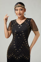 Load image into Gallery viewer, Sparkly Black Golden Bodycon Fringed 1920s Flapper Dress with Beading