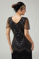 Load image into Gallery viewer, Sparkly Black Golden Bodycon Fringed 1920s Flapper Dress with Beading