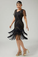 Load image into Gallery viewer, Sparkly Black Golden Bodycon Fringed 1920s Flapper Dress with Beading