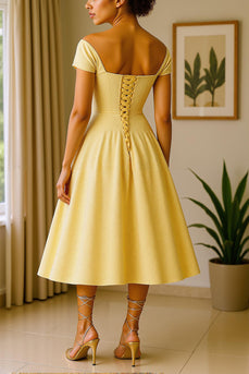 Sparkly Daffodil Sequin Mid-Calf Mother of the Bride Dress