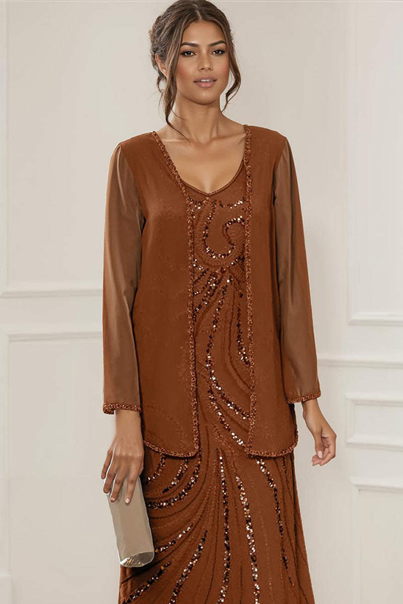 Load image into Gallery viewer, Sparkly Rust 2 Piece Round Neck Long Mother of the Bride Dress