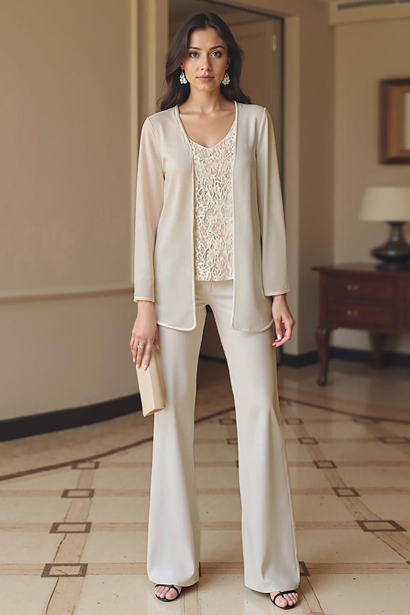 Load image into Gallery viewer, Apricot 3 Piece V-Neck Long Sleeves Mother of the Bride Pant Suits with Jacket