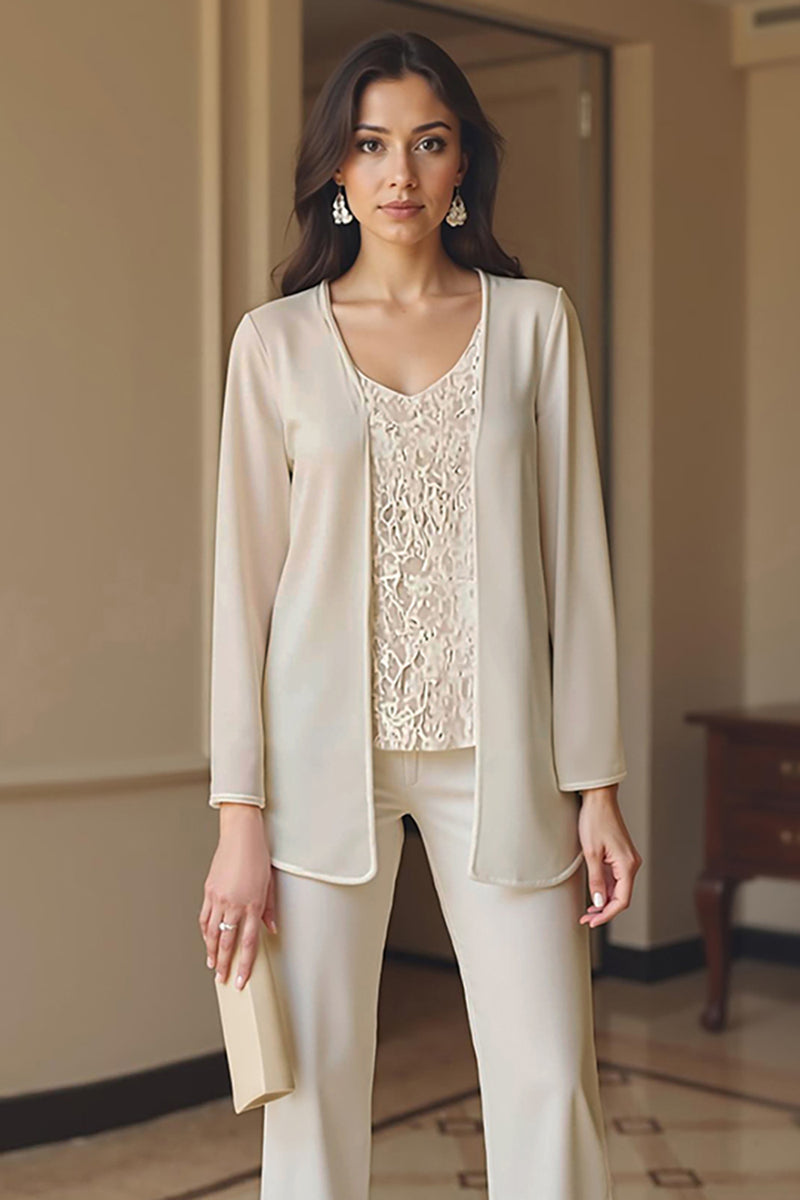 Load image into Gallery viewer, Apricot 3 Piece V-Neck Long Sleeves Mother of the Bride Pant Suits with Jacket