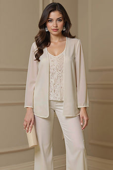 Apricot 3 Piece V-Neck Long Sleeves Mother of the Bride Pant Suits with Jacket