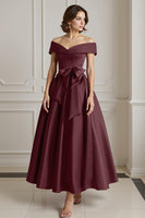 Load image into Gallery viewer, Burgundy Off the Shoulder A Line Long Mother of the Bride Dress with Bow