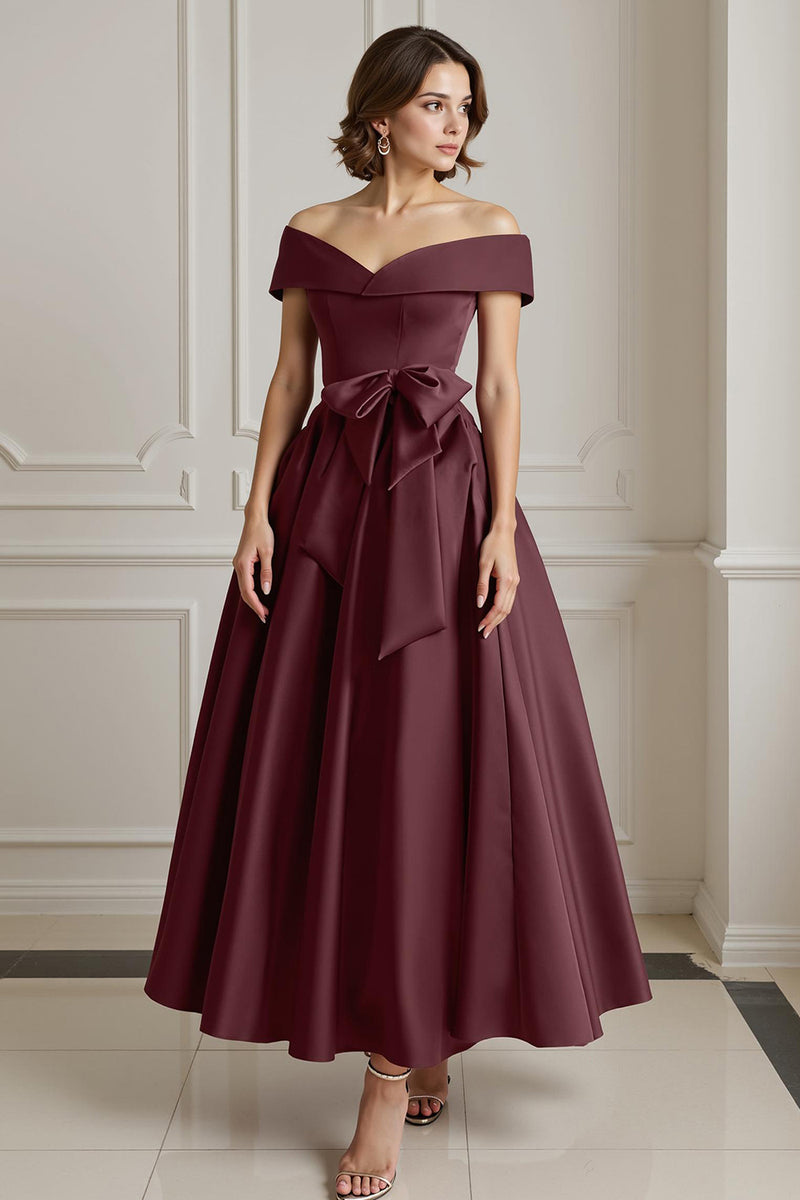 Load image into Gallery viewer, Burgundy Off the Shoulder A Line Long Mother of the Bride Dress with Bow