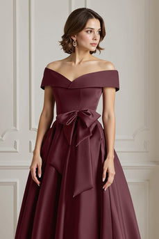 Burgundy Off the Shoulder A Line Long Mother of the Bride Dress with Bow