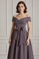 Load image into Gallery viewer, Burgundy Off the Shoulder A Line Long Mother of the Bride Dress with Bow