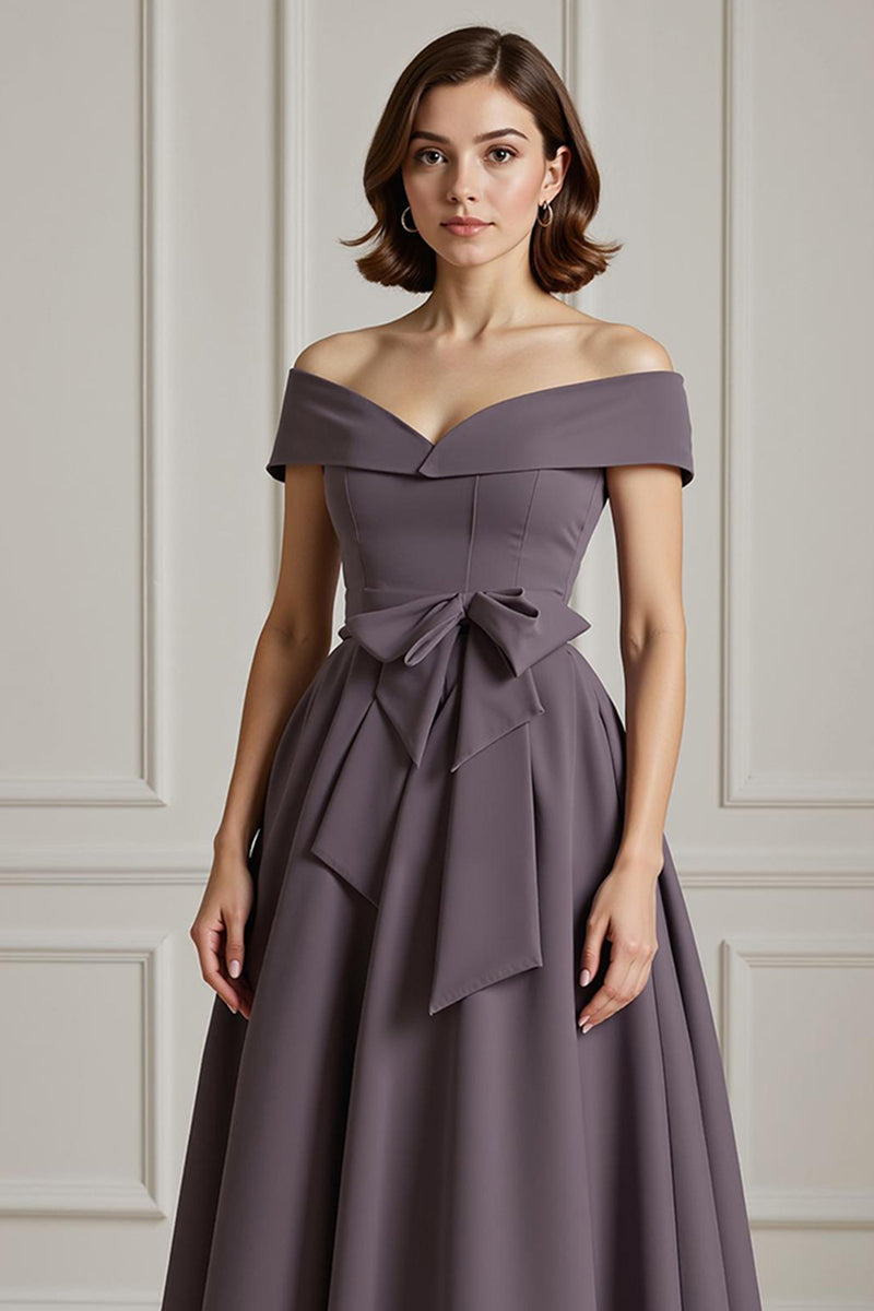Load image into Gallery viewer, Burgundy Off the Shoulder A Line Long Mother of the Bride Dress with Bow