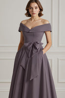 Load image into Gallery viewer, Burgundy Off the Shoulder A Line Long Mother of the Bride Dress with Bow