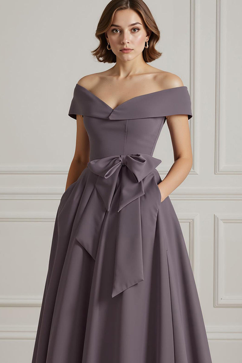 Load image into Gallery viewer, Burgundy Off the Shoulder A Line Long Mother of the Bride Dress with Bow
