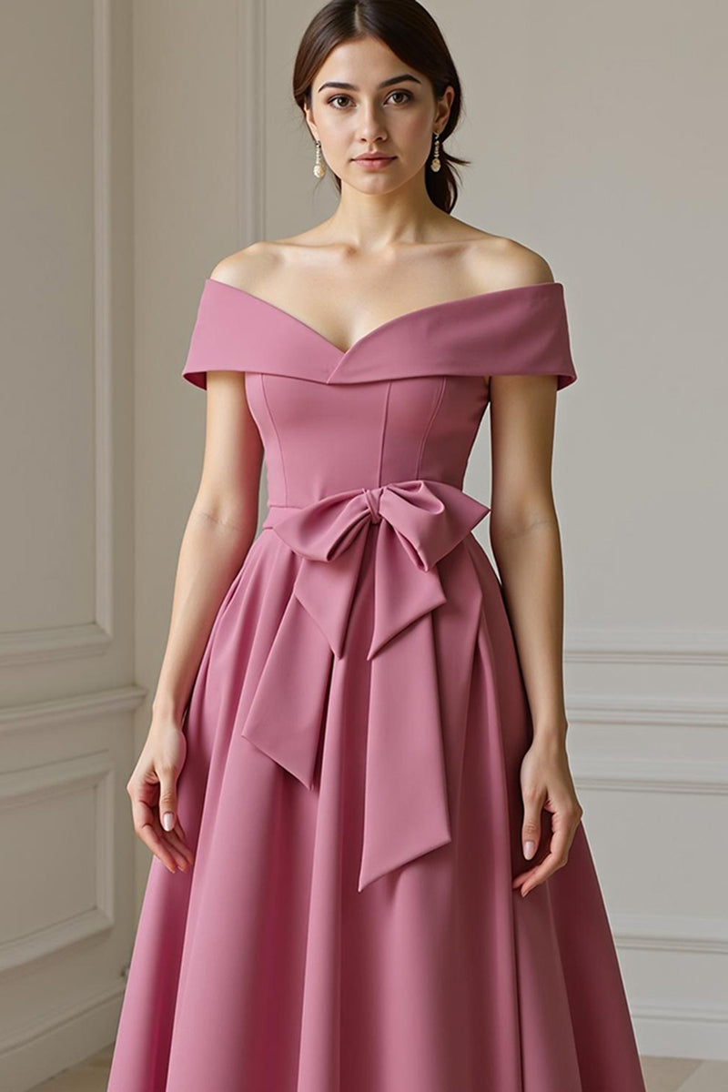 Load image into Gallery viewer, Burgundy Off the Shoulder A Line Long Mother of the Bride Dress with Bow