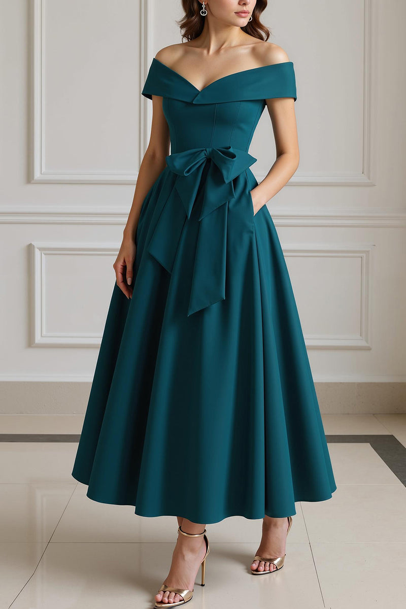 Load image into Gallery viewer, Burgundy Off the Shoulder A Line Long Mother of the Bride Dress with Bow