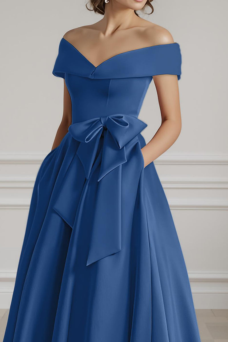 Load image into Gallery viewer, Burgundy Off the Shoulder A Line Long Mother of the Bride Dress with Bow