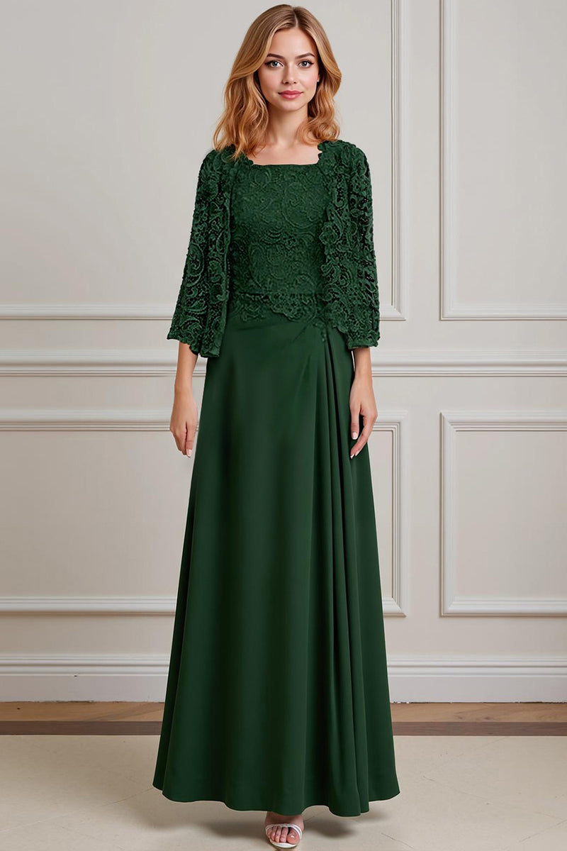 Load image into Gallery viewer, Peacock Green 2 Piece Square Neck A Line Long Mother of the Bride Dress with Lace