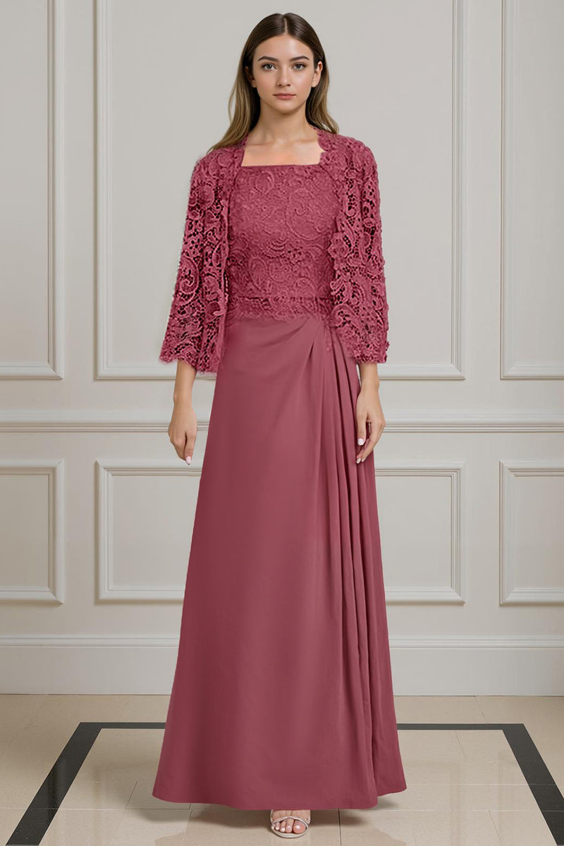 Load image into Gallery viewer, Peacock Green 2 Piece Square Neck A Line Long Mother of the Bride Dress with Lace